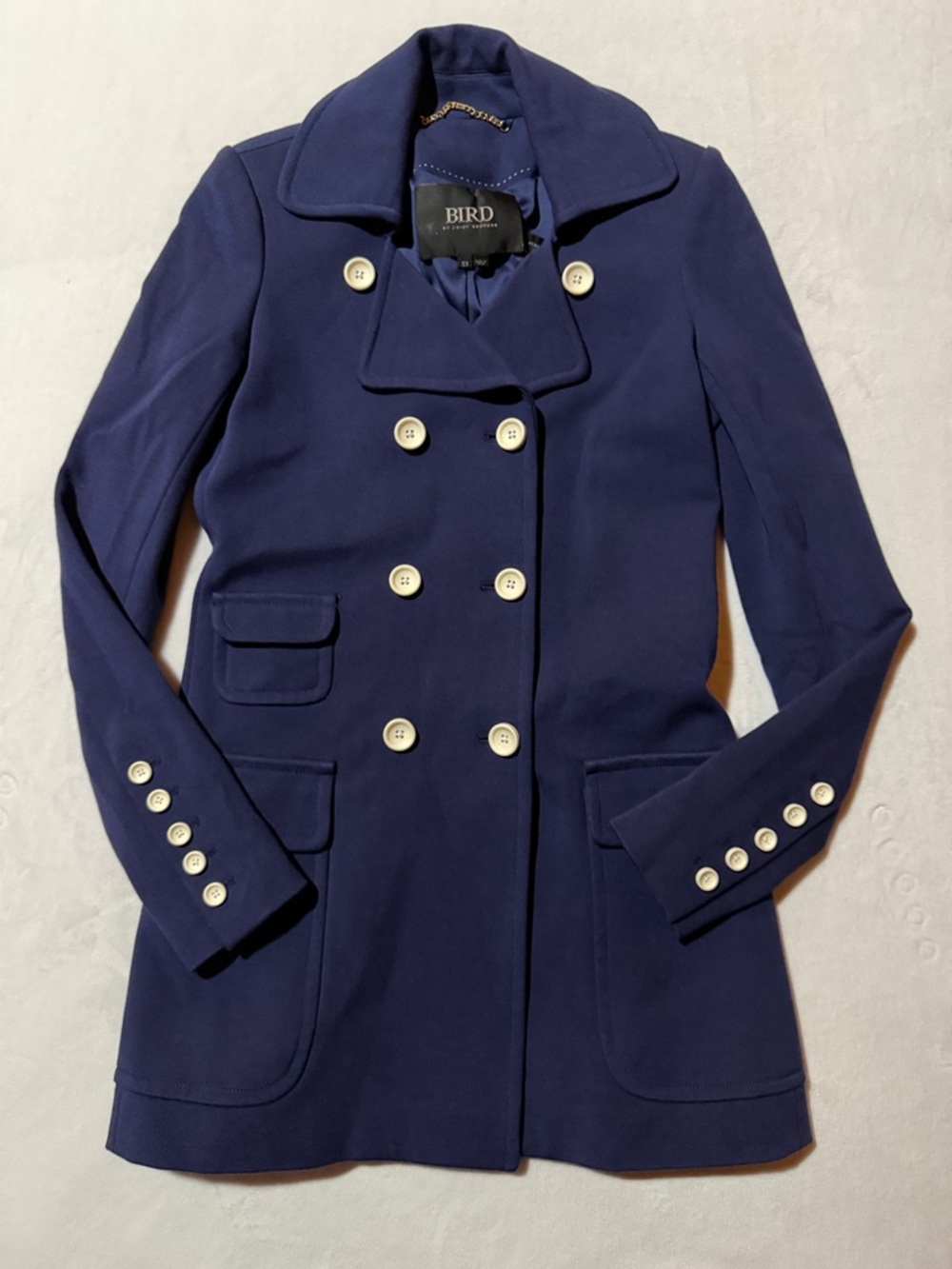 Bird by Juicy Couture Navy Double-Breasted Peacoat with White Buttons Y2K